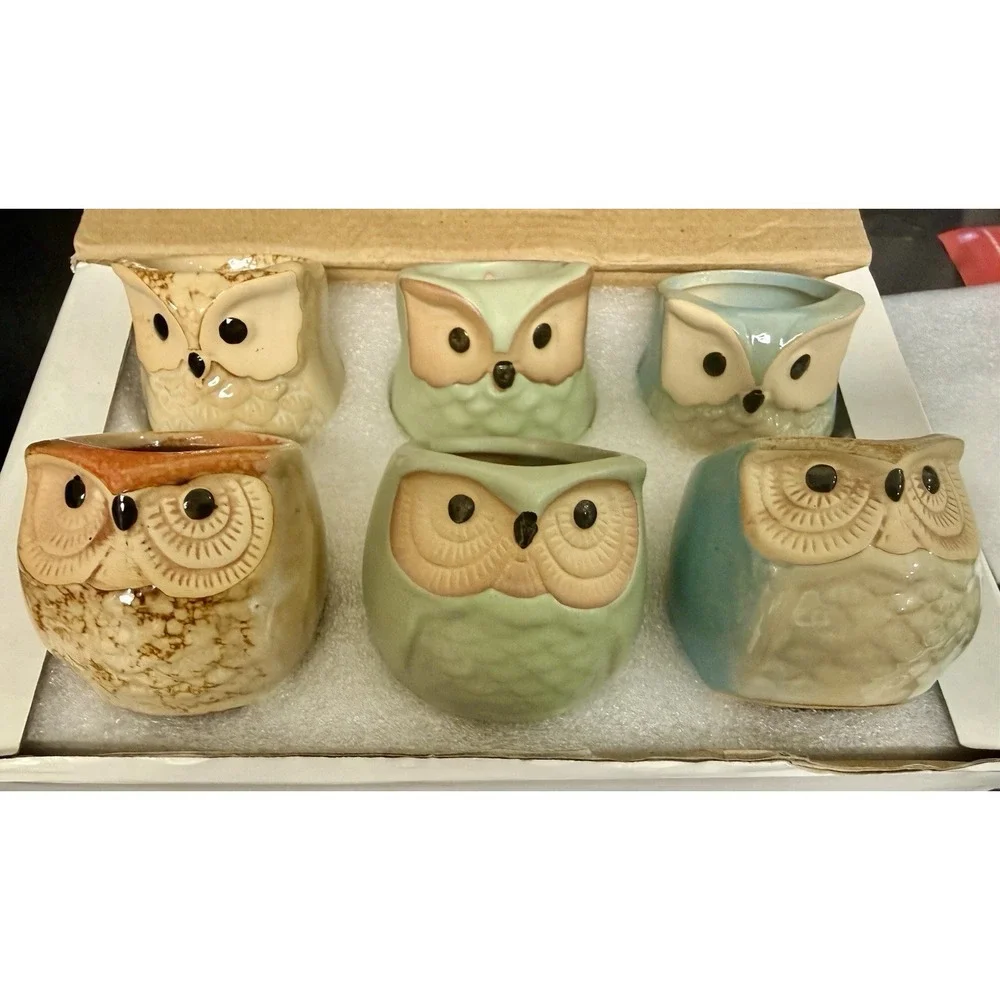 Adorable Mini Owl Planters Or Votive Candie Holders Set Of 6 New In Box